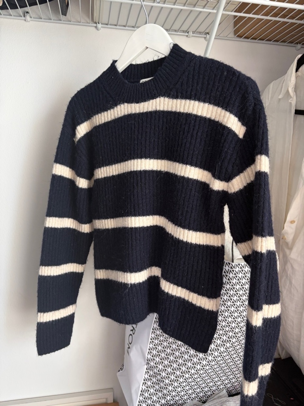 H&M Navy and Cream Striped Crewneck Sweater